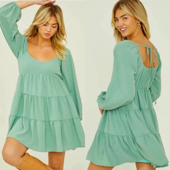 Altar'd State Dresses & Skirts - Altar’d State Camila Green Tiered Long Sleeve Mini Dress Small